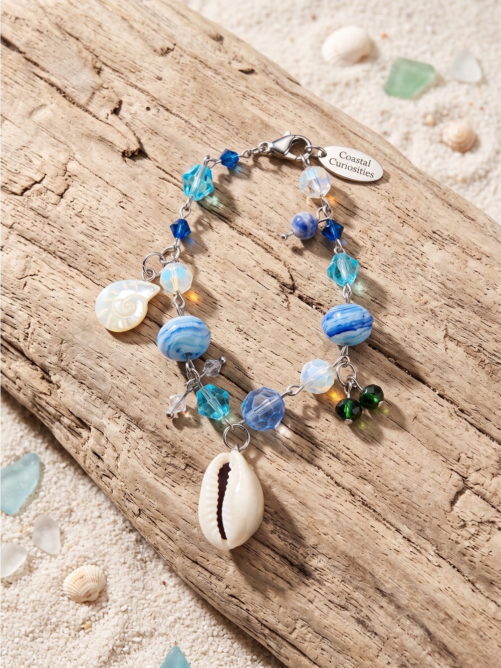 Blue Beaded Cowrie Shell Charm Bracelet Silver Tone Boho Beach NWOT